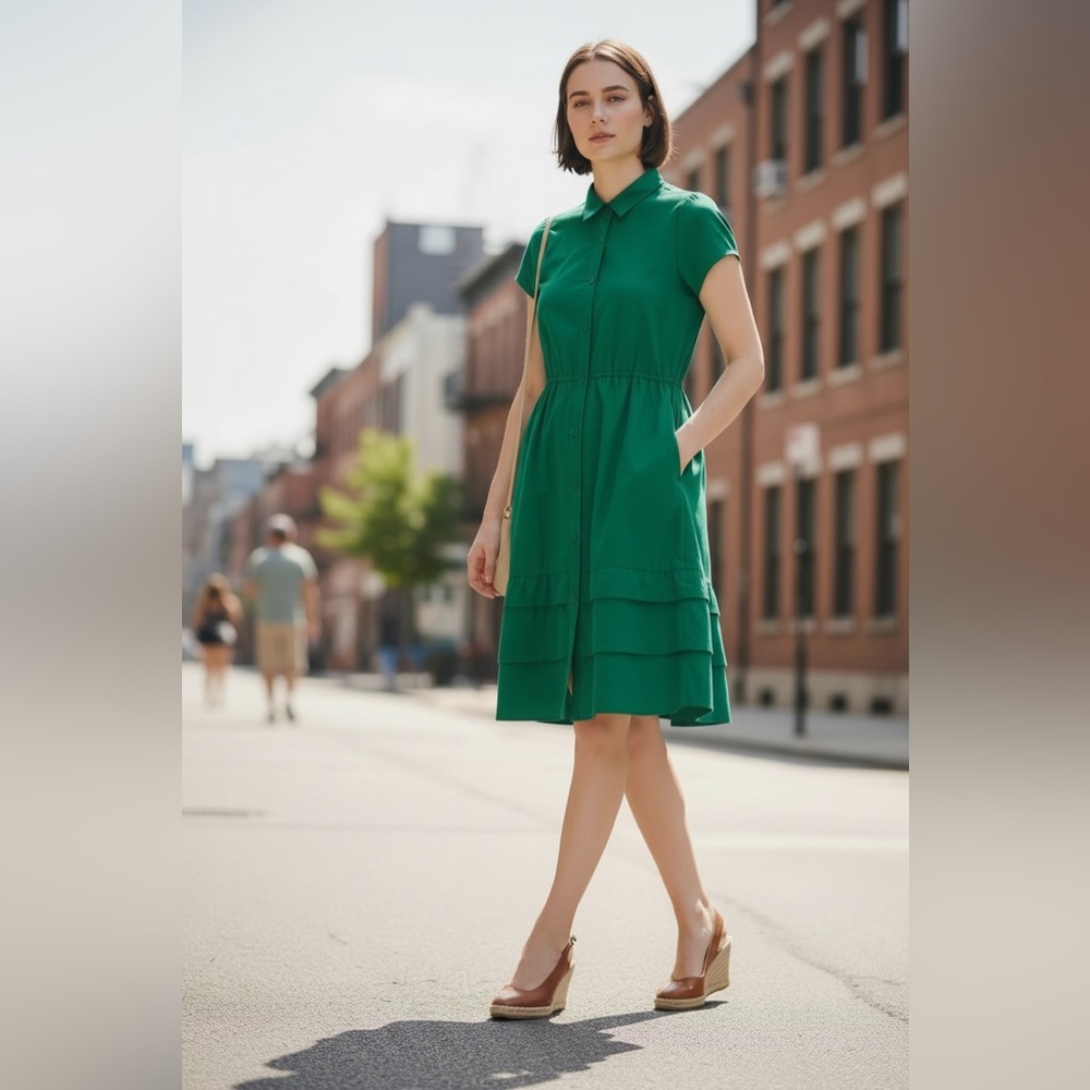 Anthropologie Maeve Green Button Front Dress Sz 4 Tiered Hem & Cap Sleeve